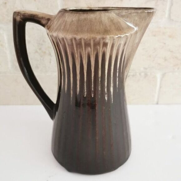 Vintage Brown Drip Glaze Pitcher, Creamer Vase Ribbed Pottery MCM 6.5" Tall - Picture 1 of 7
